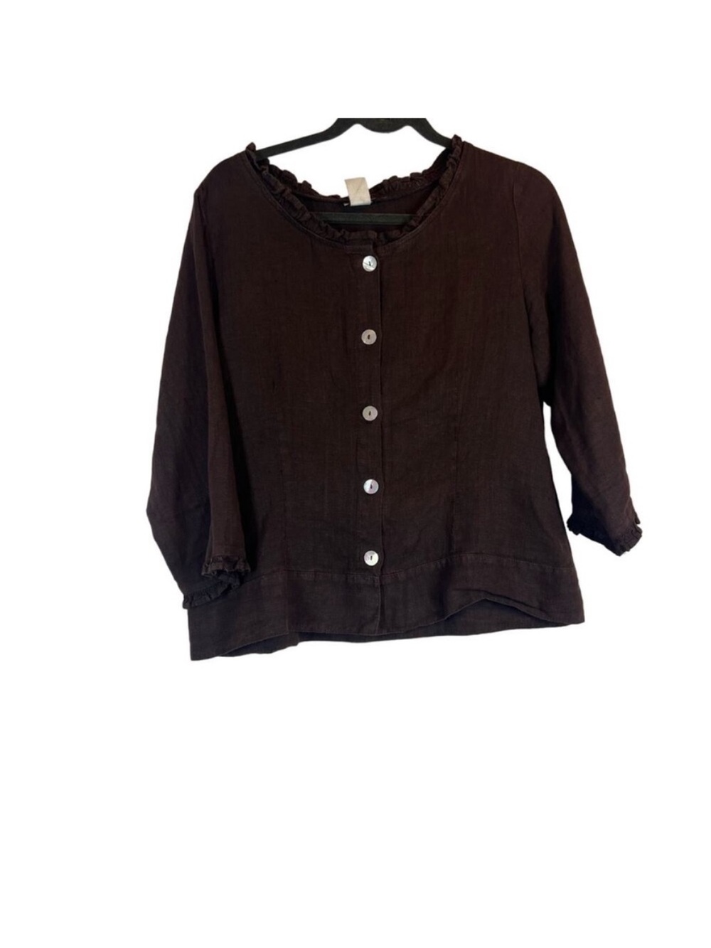 Match point 100% linen ruffle detail button long sleeve blouse earthy peasant